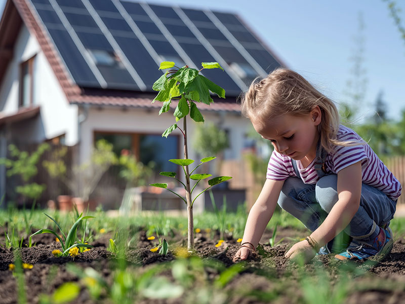 Ein Kind spielt vor einem Haus mit Solarzellen auf dem Dach